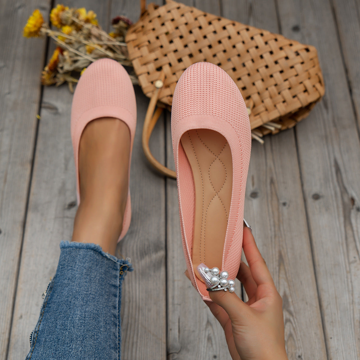 "Elegante damesballerina's, gebreid, ademend ontwerp, flexibel, comfortabel, verschillende kleuren, maat 36-43."