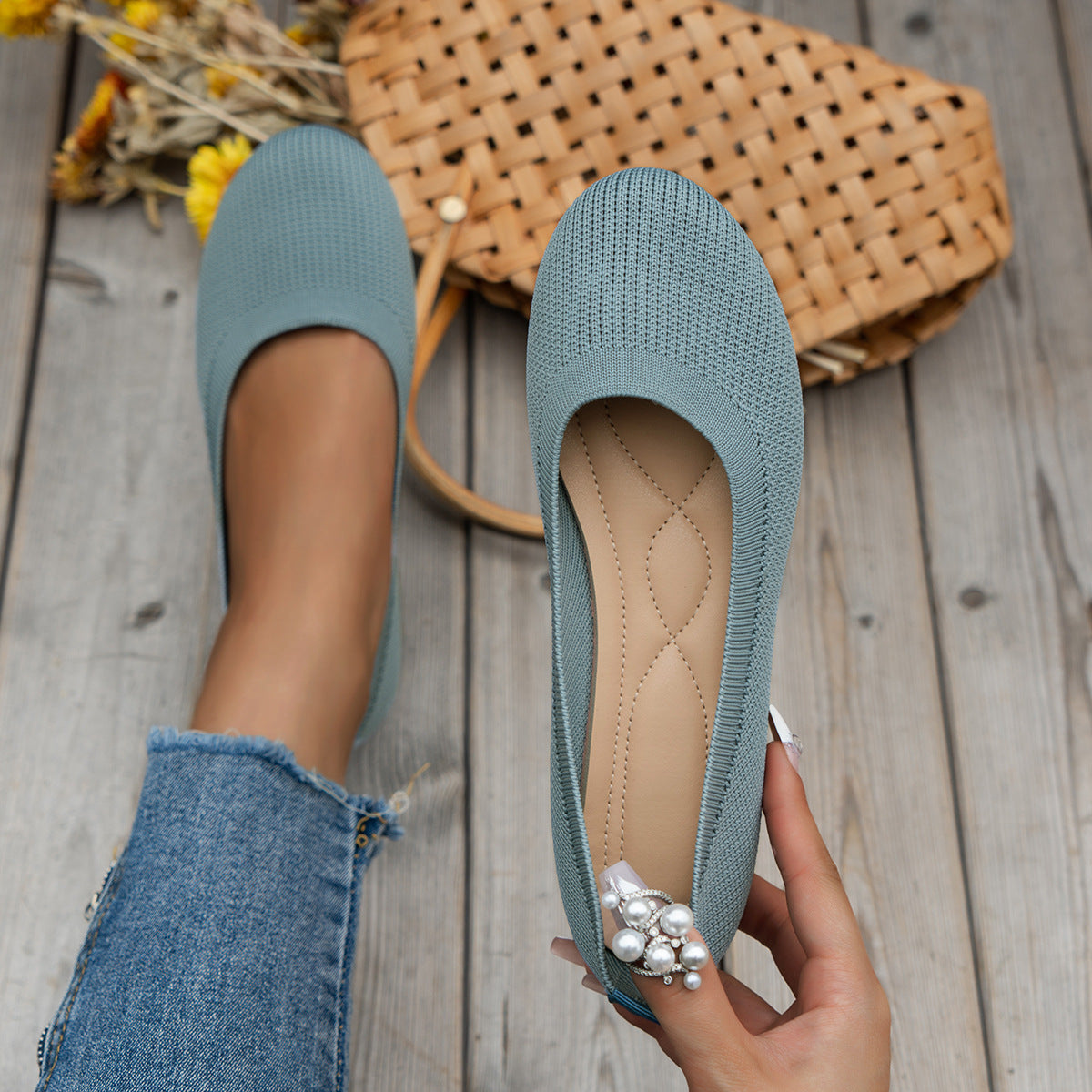 "Elegante damesballerina's, gebreid, ademend ontwerp, flexibel, comfortabel, verschillende kleuren, maat 36-43."