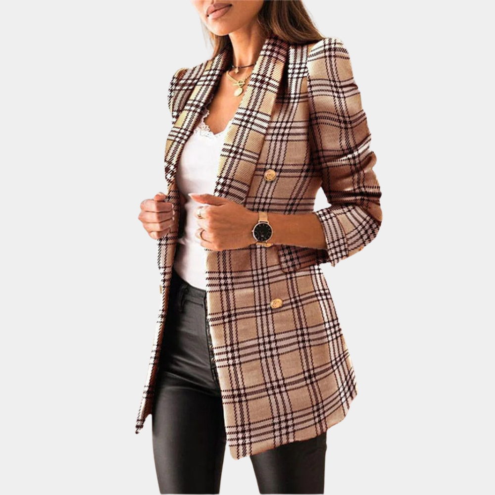 "Elegante damesblazer in bruin, zwart of khaki; veelzijdig ontwerp voor zakelijke en casual stijlen, flatterende pasvorm."