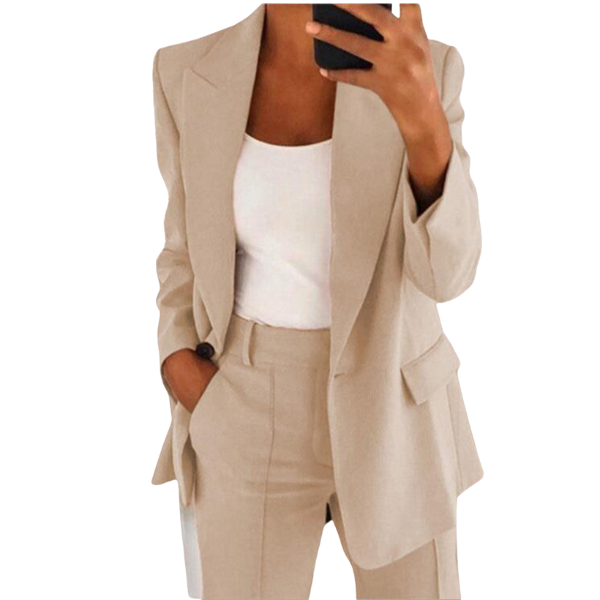 Elegante damesblazer set met colbert en pantalon in diverse kleuren, perfect voor zakelijke en formele gelegenheden.