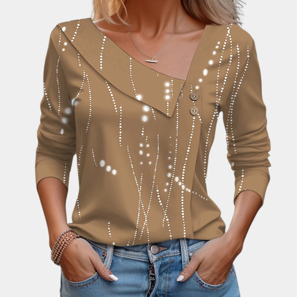 "Elegante damesblouse met bloemenpatroon in bruin, asymmetrisch design, geschikt voor casual en formele gelegenheden."