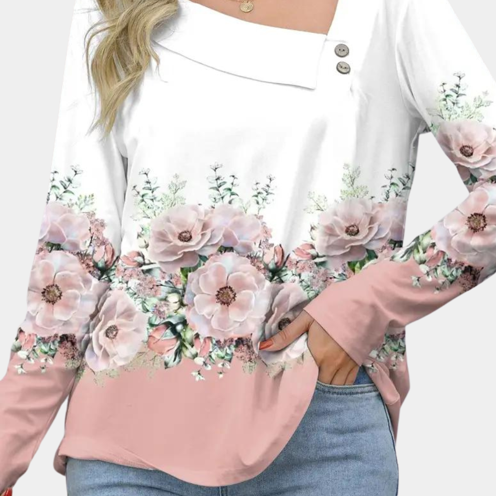 "Elegante damesblouse met bloemenpatroon in bruin, asymmetrisch design, geschikt voor casual en formele gelegenheden."