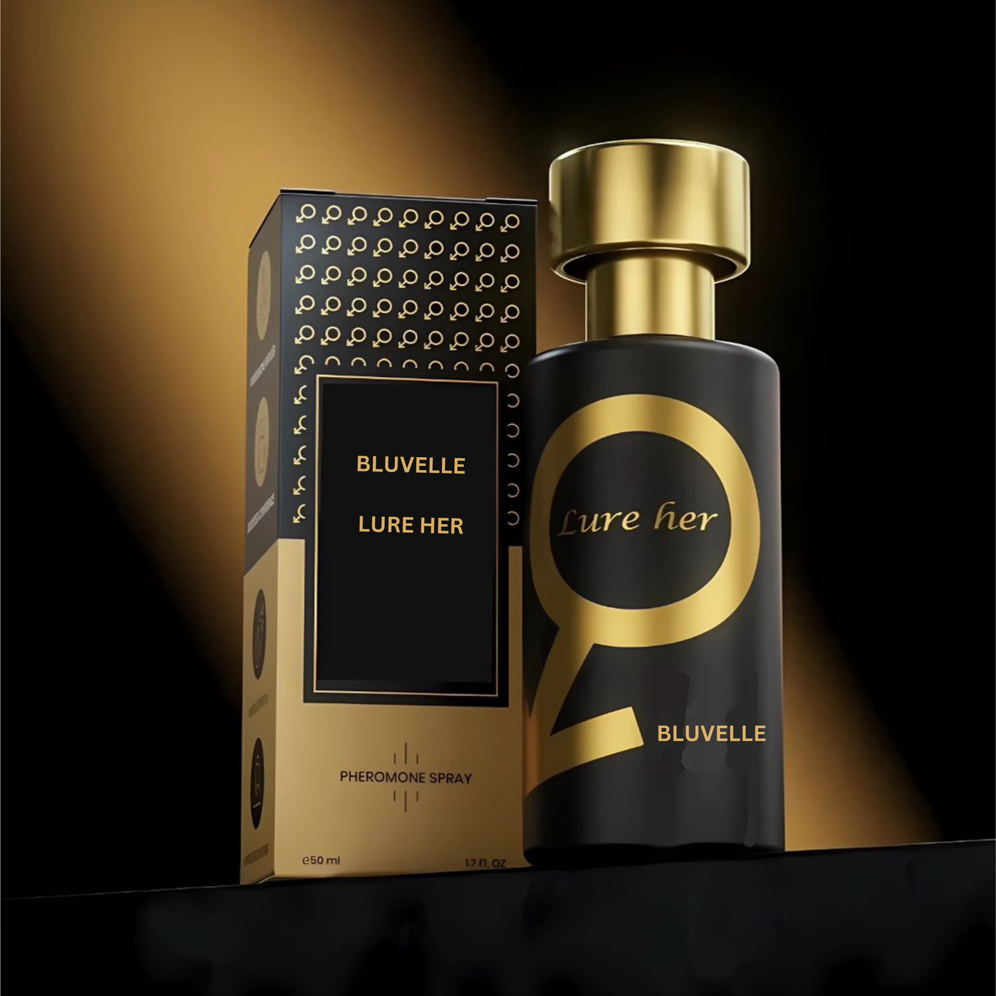 "Elegante fles Lure Her feromonen eau de parfum voor mannen, met krachtige en subtiele geur die aantrekkingskracht bevordert.