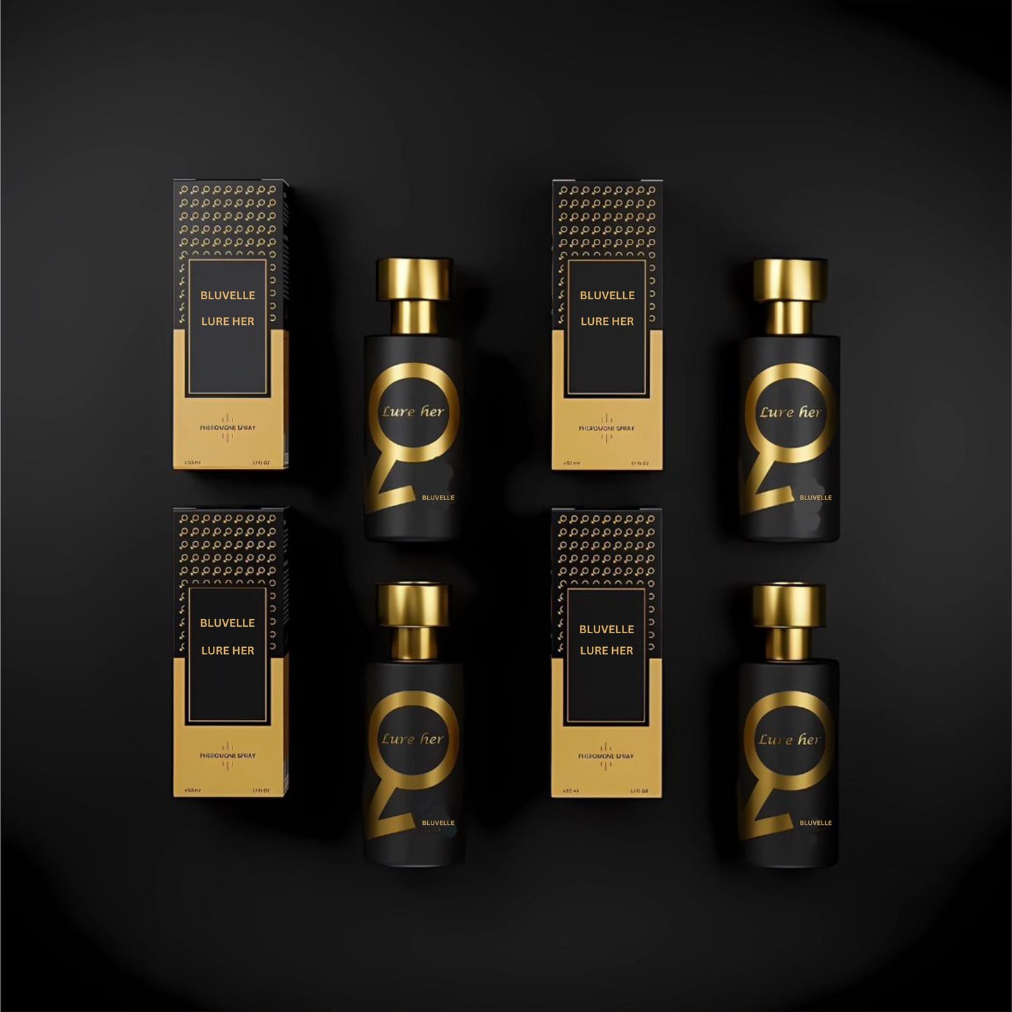 "Elegante fles Lure Her feromonen eau de parfum voor mannen, met krachtige en subtiele geur die aantrekkingskracht bevordert.