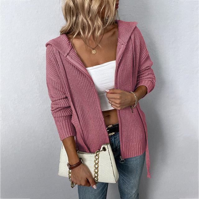 "Elegante gebreide zip capuchonvest voor vrouwen, met zachte textuur en capuchon, ideaal voor zowel casual als geklede looks.