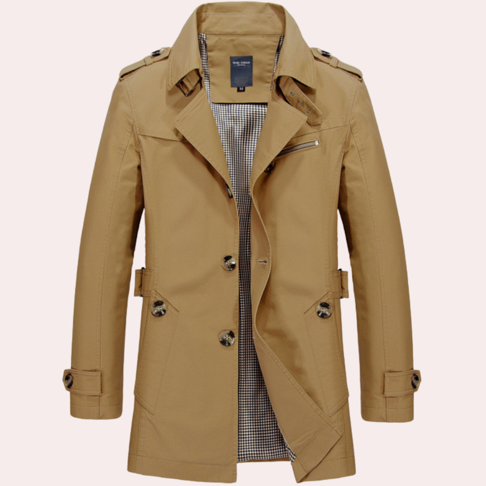 "Elegante khaki trenchcoat heren, klassiek design, geschikt voor lente en herfst, stijlvolle herenjas, modieuze keuze"