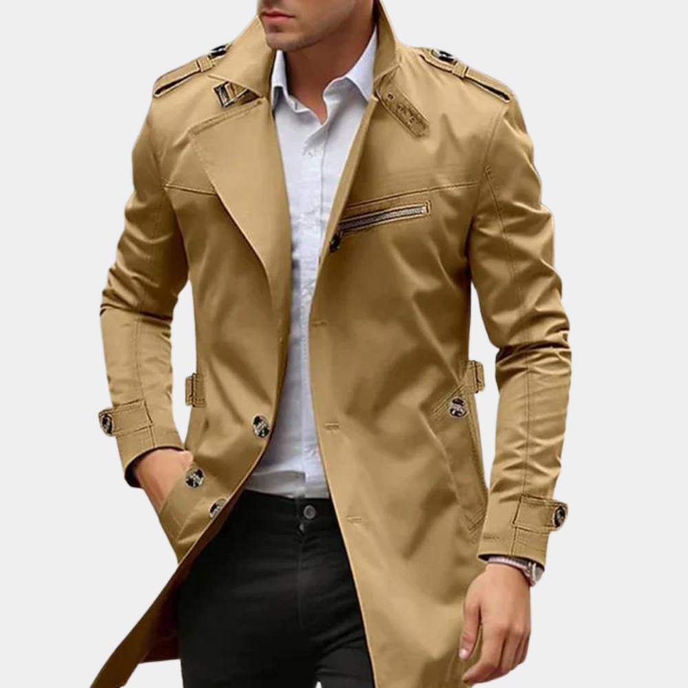 "Elegante khaki trenchcoat heren, klassiek design, geschikt voor lente en herfst, stijlvolle herenjas, modieuze keuze"