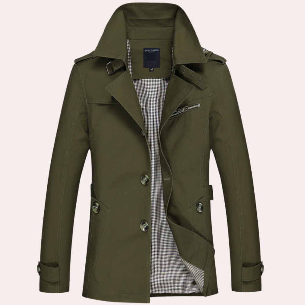 "Elegante khaki trenchcoat heren, klassiek design, geschikt voor lente en herfst, stijlvolle herenjas, modieuze keuze"