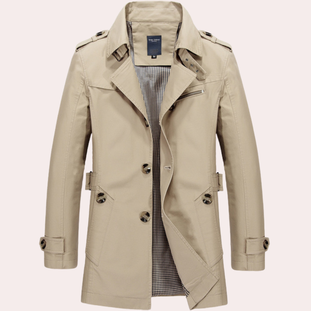 "Elegante khaki trenchcoat heren, klassiek design, geschikt voor lente en herfst, stijlvolle herenjas, modieuze keuze"
