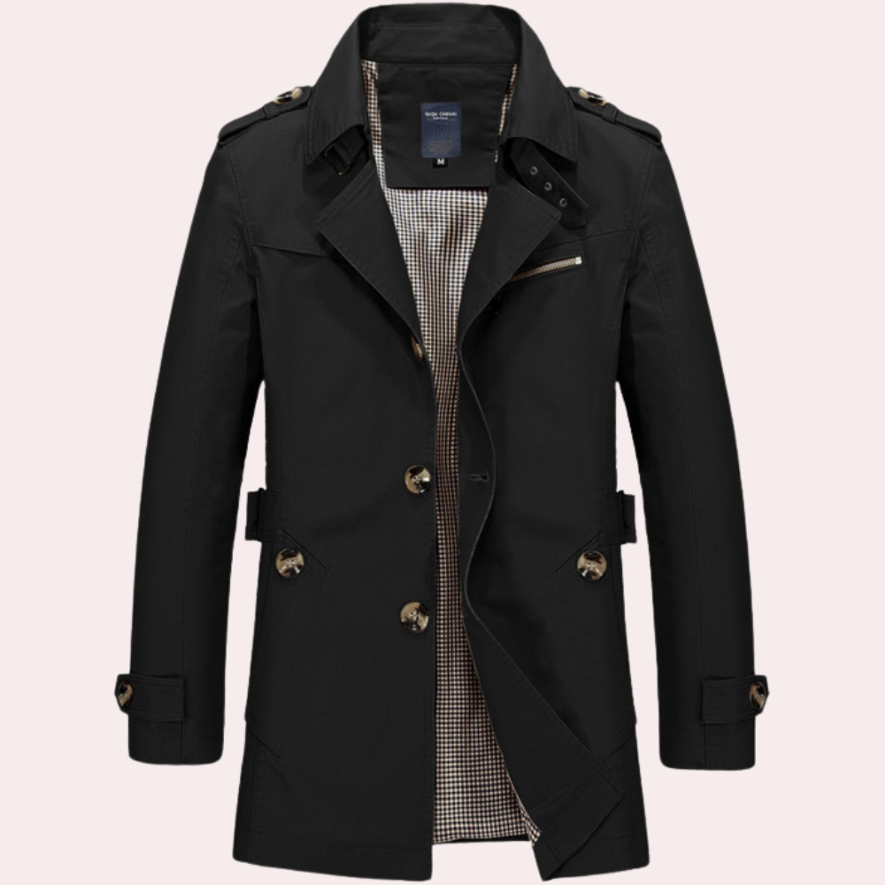 "Elegante khaki trenchcoat heren, klassiek design, geschikt voor lente en herfst, stijlvolle herenjas, modieuze keuze"