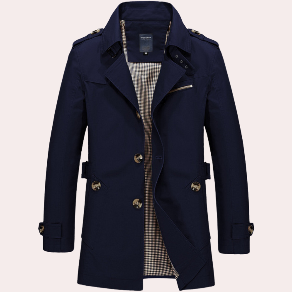 "Elegante khaki trenchcoat heren, klassiek design, geschikt voor lente en herfst, stijlvolle herenjas, modieuze keuze"