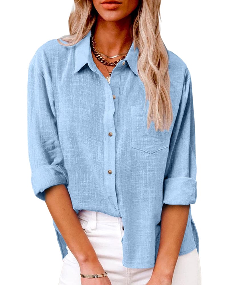 "Elegante lange mouwen linnen blouse, knoopsluiting, ademende stof, ideaal voor stijlvol dagelijks gebruik."