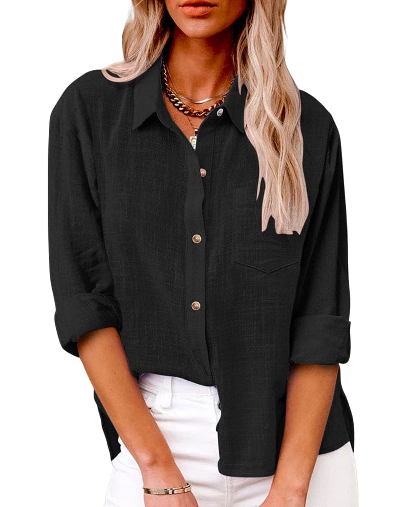 "Elegante lange mouwen linnen blouse, knoopsluiting, ademende stof, ideaal voor stijlvol dagelijks gebruik."
