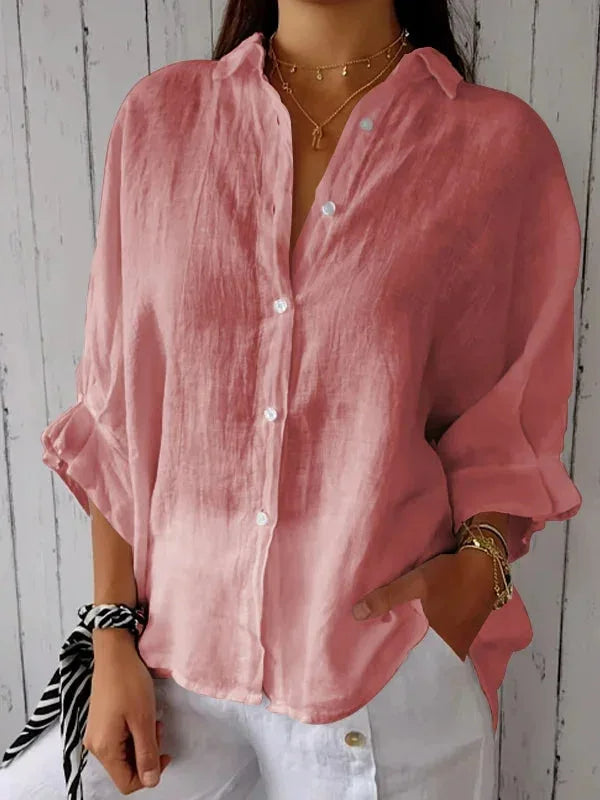 "Elegante linnen damesblouse met V-hals en strikje, luchtige katoen-linnenmix, vrouwelijk silhouet, veelzijdig design."