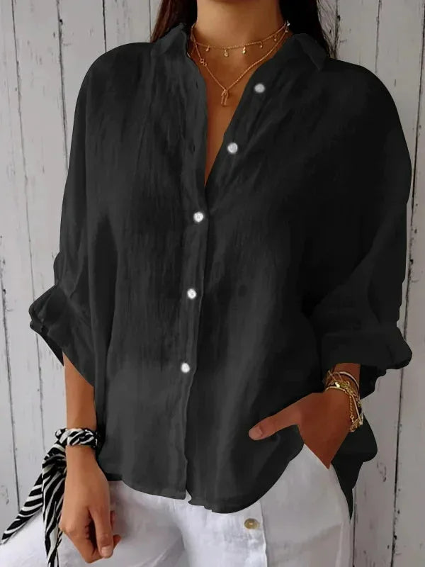"Elegante linnen damesblouse met V-hals en strikje, luchtige katoen-linnenmix, vrouwelijk silhouet, veelzijdig design."