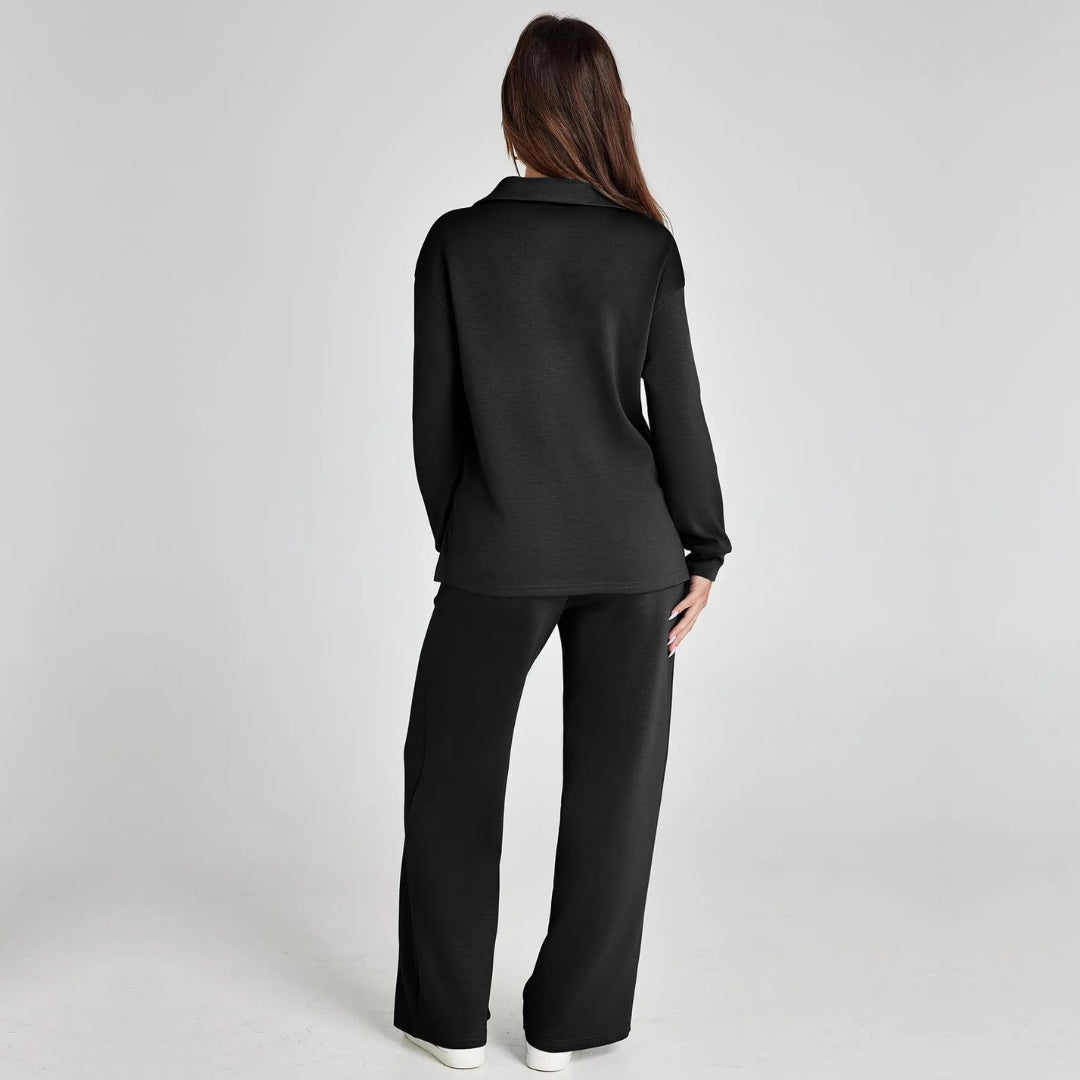 "Elegante loungewear set voor dames met off-shoulder sweater en perfect passende broek, trendy en comfortabel zichtbaar."
