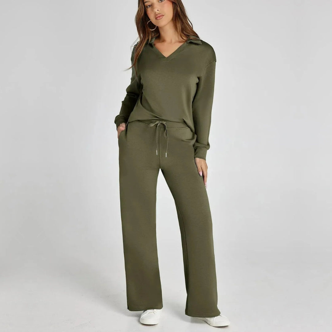 "Elegante loungewear set voor dames met off-shoulder sweater en perfect passende broek, trendy en comfortabel zichtbaar."
