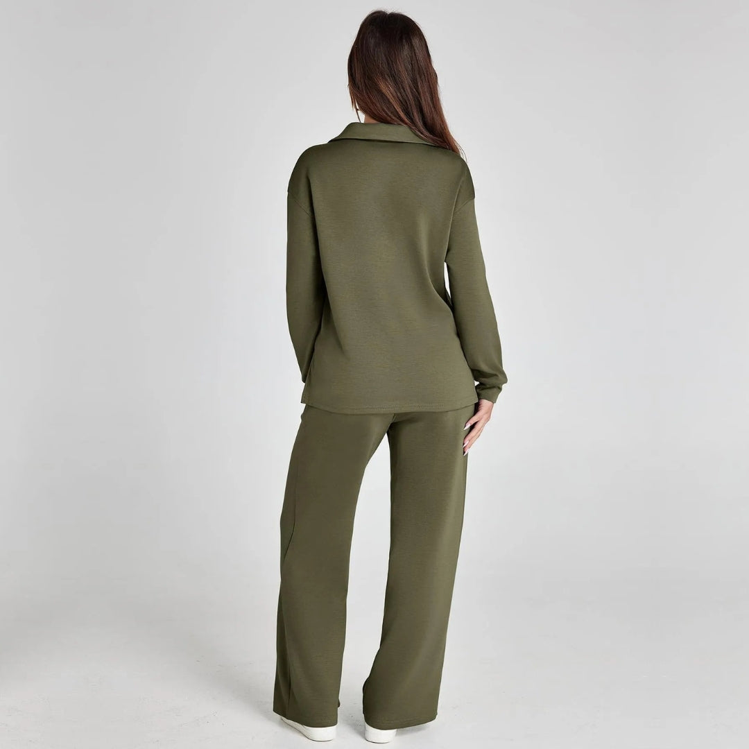 "Elegante loungewear set voor dames met off-shoulder sweater en perfect passende broek, trendy en comfortabel zichtbaar."