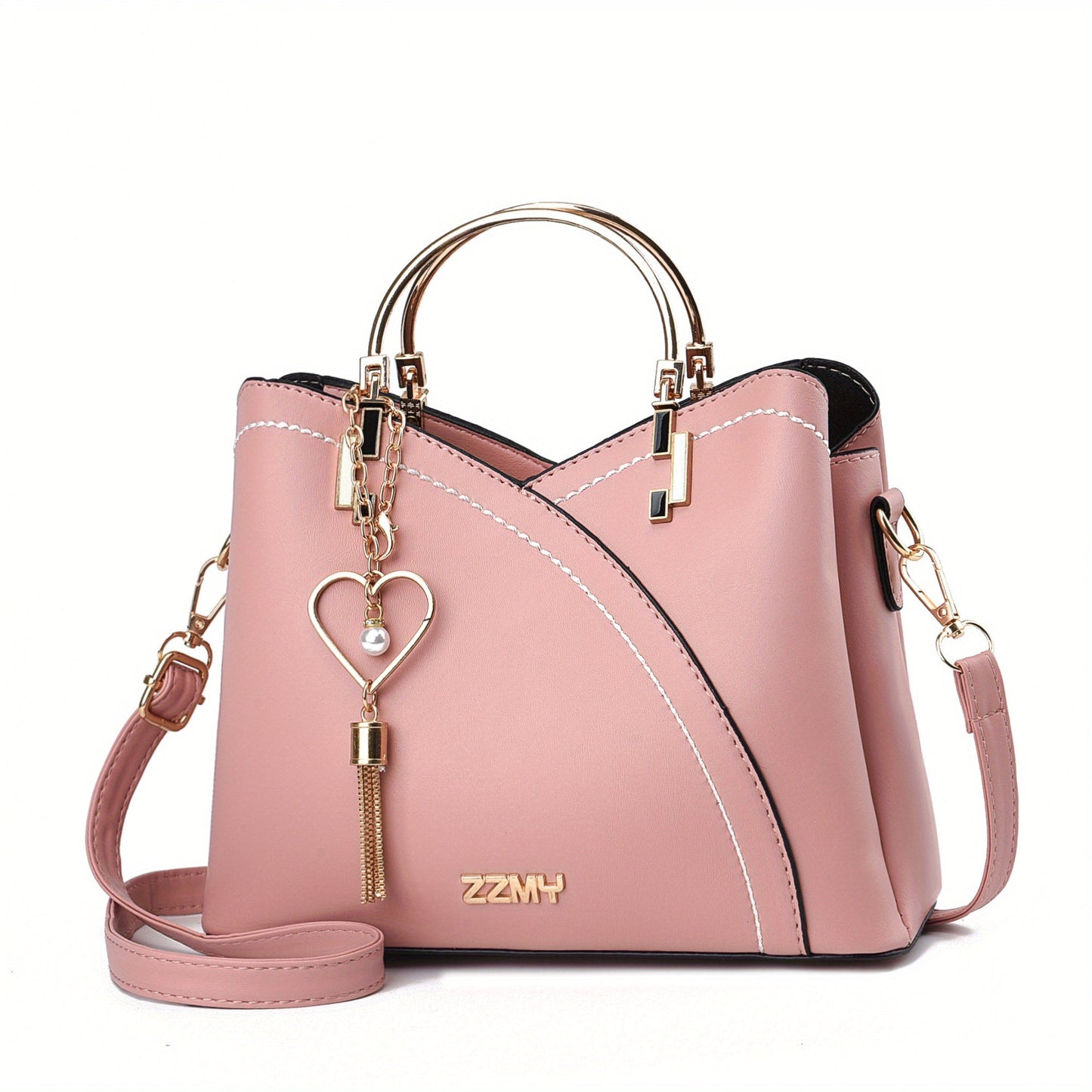 "Elegante luxe leren handtas met stijlvol kleurblokontwerp en kwastjes, perfect voor de moderne vrouw, frontaal gezien."