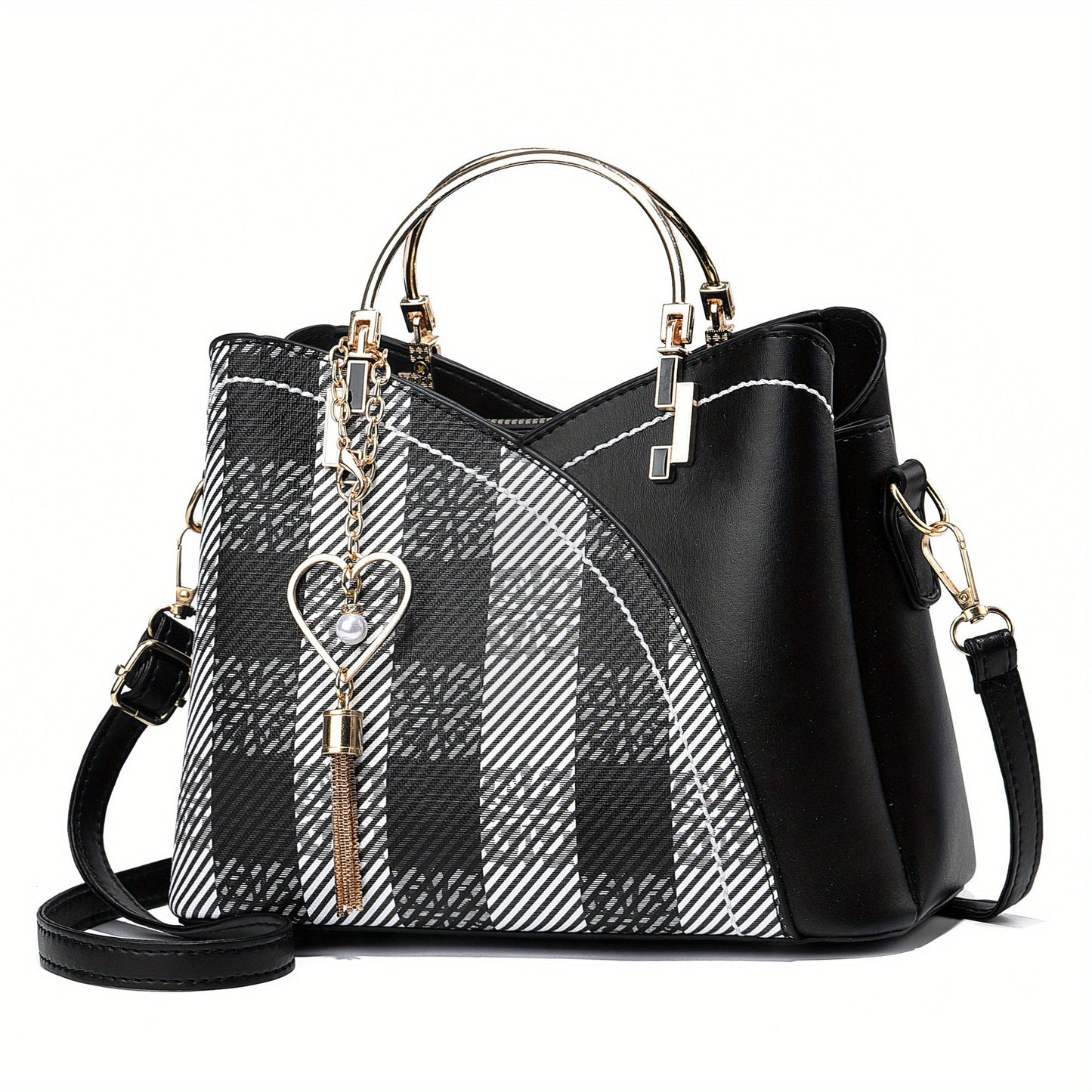 "Elegante luxe leren handtas met stijlvol kleurblokontwerp en kwastjes, perfect voor de moderne vrouw, frontaal gezien."