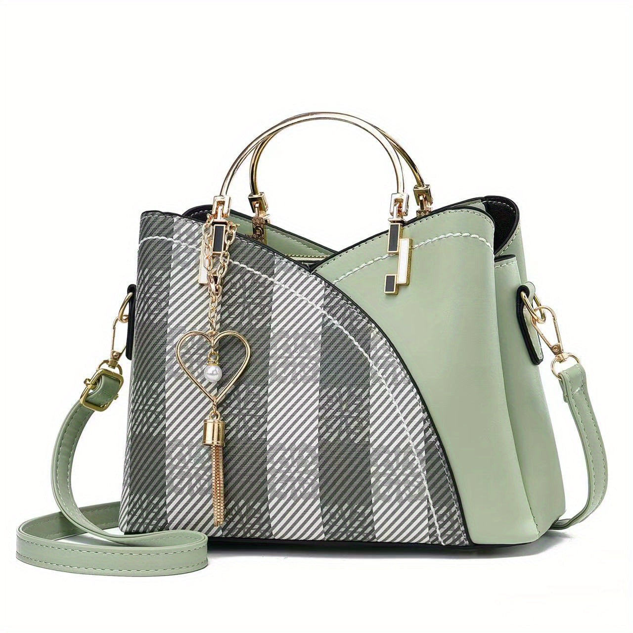 "Elegante luxe leren handtas met stijlvol kleurblokontwerp en kwastjes, perfect voor de moderne vrouw, frontaal gezien."