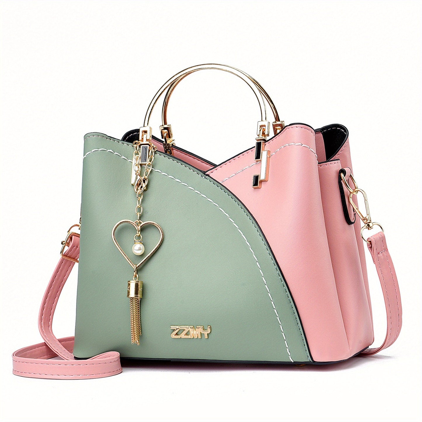 "Elegante luxe leren handtas met stijlvol kleurblokontwerp en kwastjes, perfect voor de moderne vrouw, frontaal gezien."