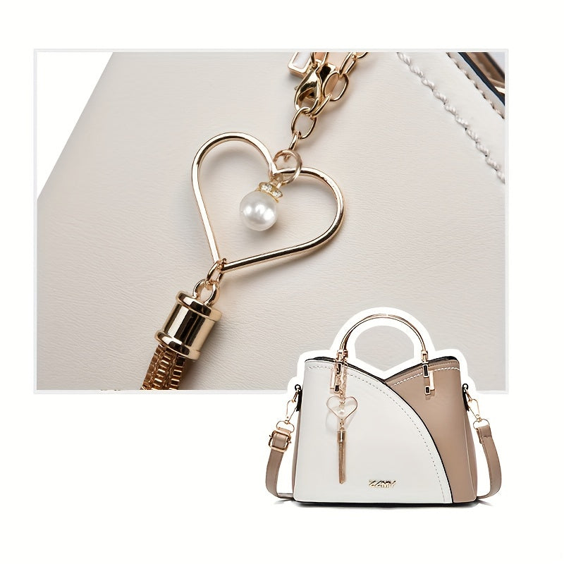 "Elegante luxe leren handtas met stijlvol kleurblokontwerp en kwastjes, perfect voor de moderne vrouw, frontaal gezien."