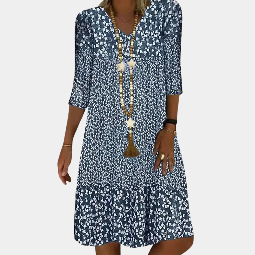 "Elegante midi zomerjurk voor dames met V-hals en korte mouwen, ideaal voor warme dagen in blauw, groen, bruin of rood."