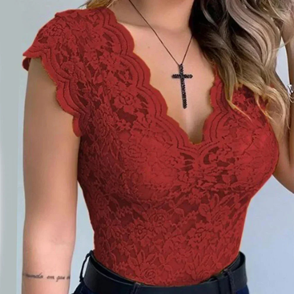 Elegante mouwloze V-hals kant top voor dames, slanke pasvorm, verfijnde uitstraling, perfect voor elke gelegenheid.