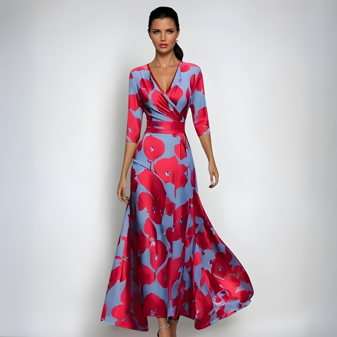 Elegante Noa luxe jurk met bloemenprint en verstelbare tailleband, zijaanzicht, ideaal voor formele en casual gebruik.