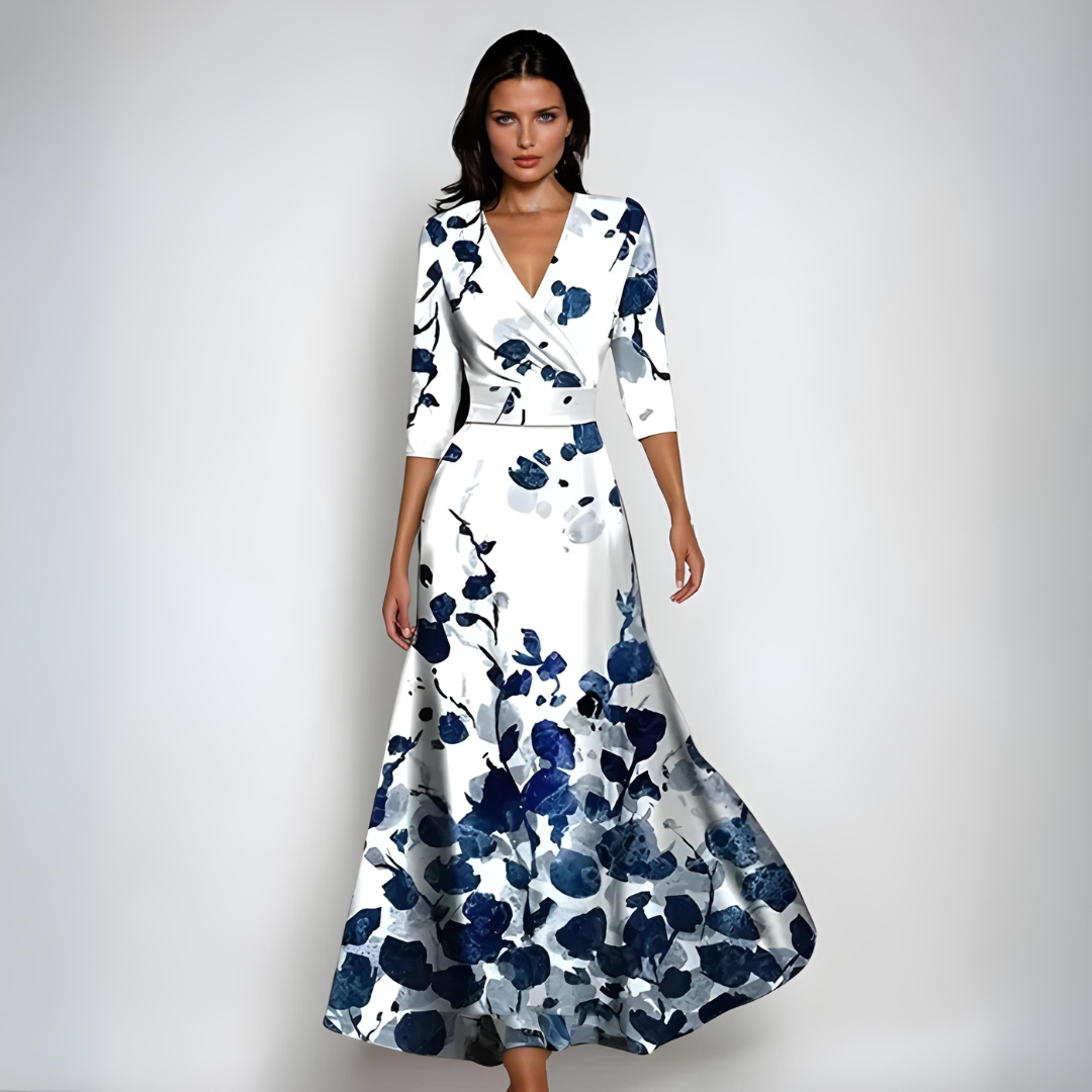 Elegante Noa luxe jurk met bloemenprint en verstelbare tailleband, zijaanzicht, ideaal voor formele en casual gebruik.