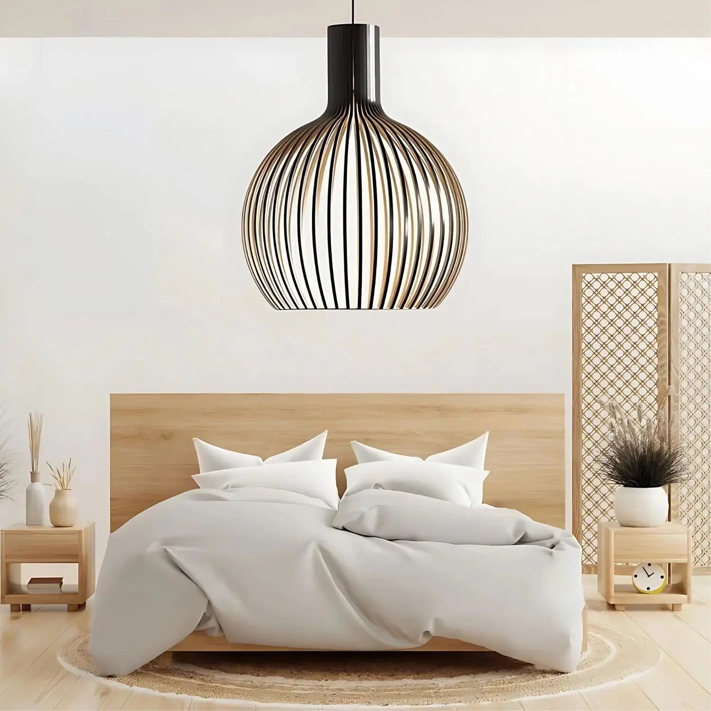 "Elegante Scandinavische houten hanglamp, minimalistisch design, verstelbare kabel, natuurlijke uitstraling, warme gloed."