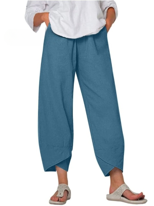"Elegante Silvia Linnen Broek met relaxte pasvorm, elastische taille en zijzakken, perfect voor casual en comfort."