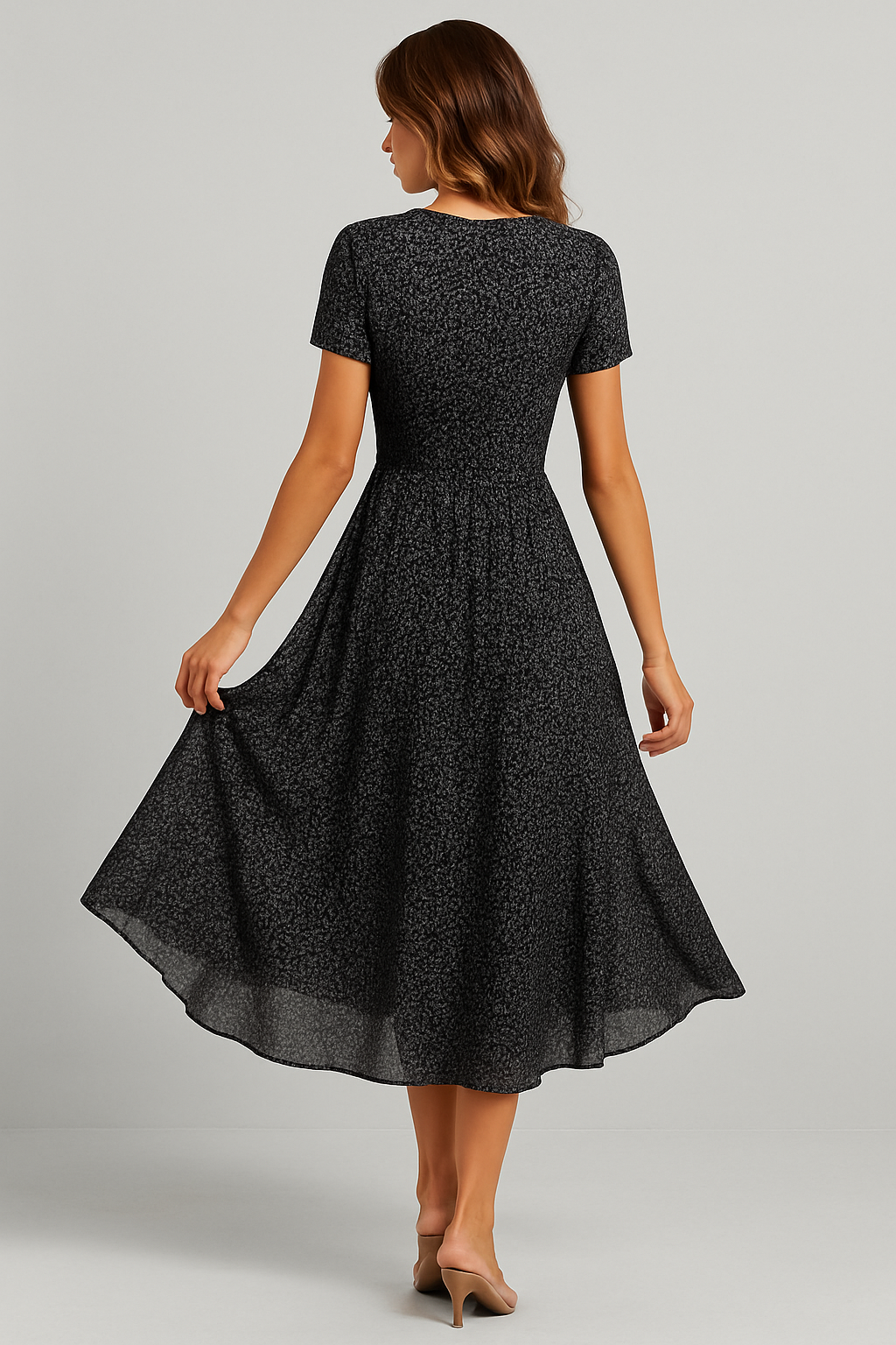 Elegante V-hals jurk met korte mouwen, luchtige chiffon stof, subtiele print, perfect voor formele en casual gelegenheden.