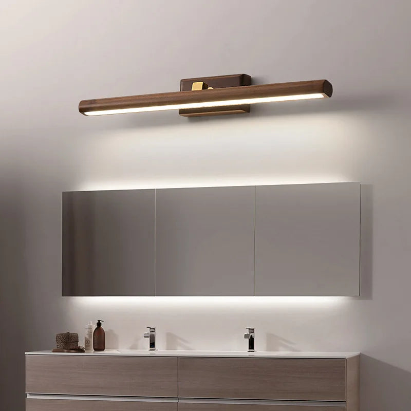"Elegante wandlamp van zwarte walnoot met LED-verlichting, strakke afwerking, natuurlijke patronen, voor sfeervol interieur."
