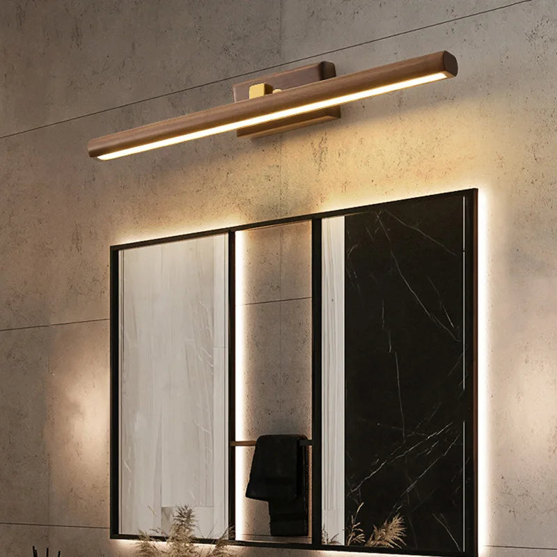 "Elegante wandlamp van zwarte walnoot met LED-verlichting, strakke afwerking, natuurlijke patronen, voor sfeervol interieur."