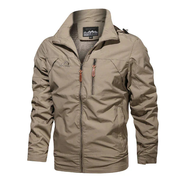 "Elegante winddichte herenjas, lichtgewicht, waterafstotend, verkrijgbaar in blauw, grijs, groen, khaki, zwart."