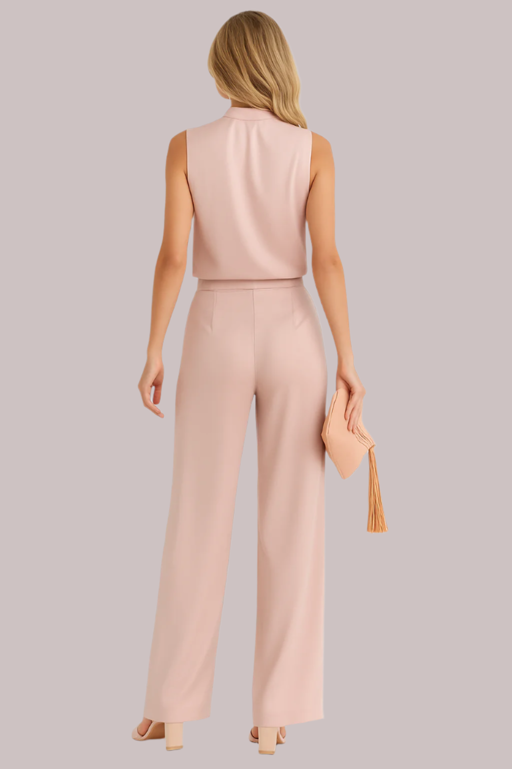 Elegante zijde jumpsuit in pastelkleuren, mouwloos met wijde pijpen, perfect voor stijlvolle en glamoureuze gelegenheden.