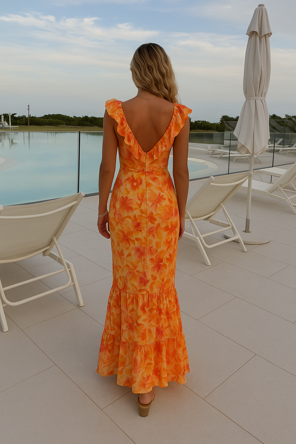 "Elegante zomerjurk met kleurrijke bloemenprint, ruffles en strikdetail, in tinten oranje, roze en geel, zomermode dames."