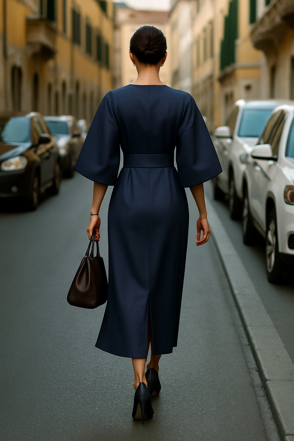 "Elegante zwarte midi-jurk met wijde mouwen, verfijnde tailleband en luxe stof, ideaal voor elke gelegenheid."