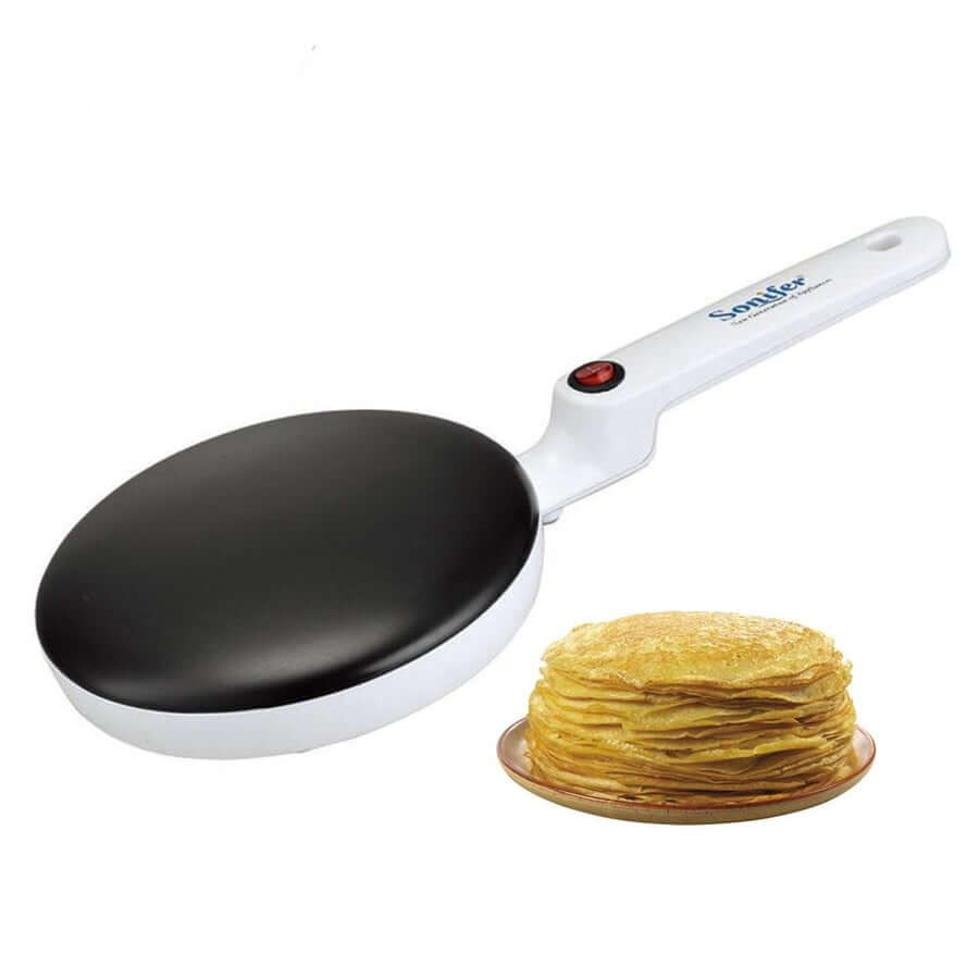 "Elektrische crêpe maker met antiaanbaklaag, groot kookoppervlak en compacte vorm; ideaal voor pannenkoeken en crêpes."