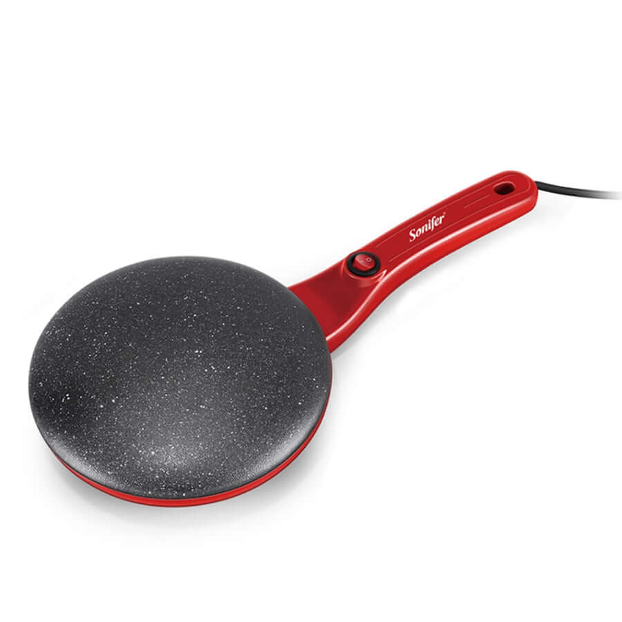 "Elektrische crêpe maker met antiaanbaklaag, groot kookoppervlak en compacte vorm; ideaal voor pannenkoeken en crêpes."