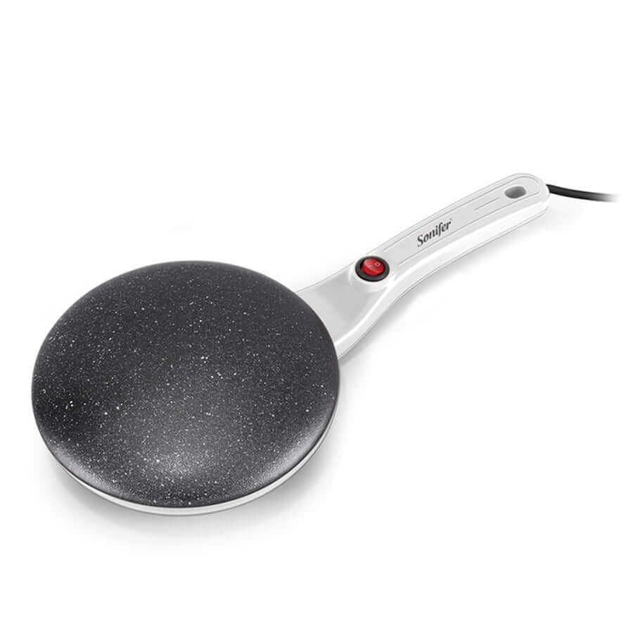 "Elektrische crêpe maker met antiaanbaklaag, groot kookoppervlak en compacte vorm; ideaal voor pannenkoeken en crêpes."