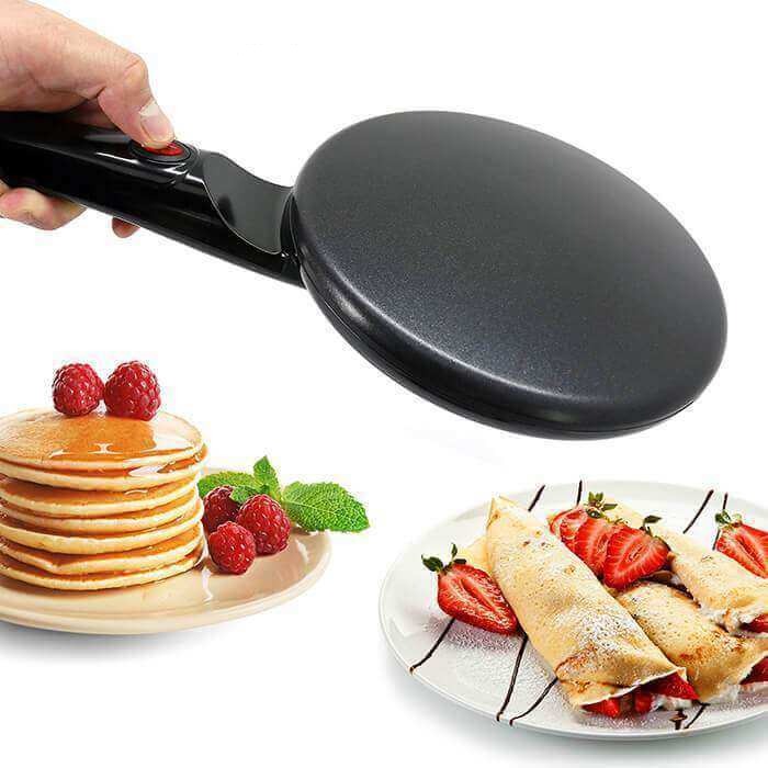 "Elektrische crêpe maker met antiaanbaklaag, groot kookoppervlak en compacte vorm; ideaal voor pannenkoeken en crêpes."