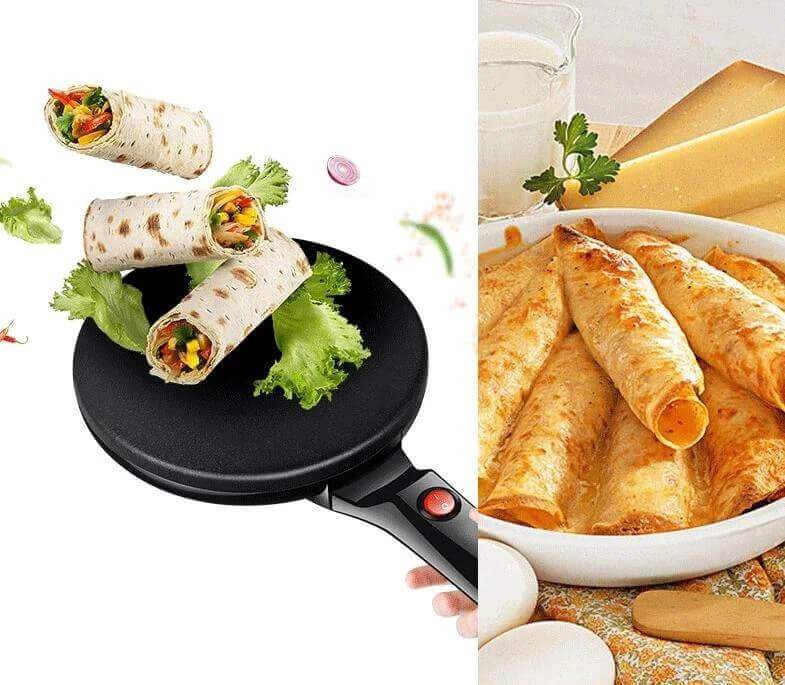 "Elektrische crêpe maker met antiaanbaklaag, groot kookoppervlak en compacte vorm; ideaal voor pannenkoeken en crêpes."