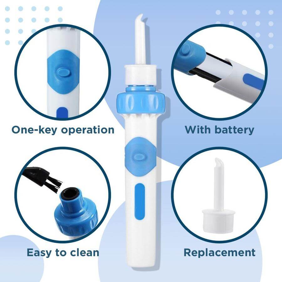 "Elektrische oorsmeer verwijderaar, wit en blauw, compact ontwerp, zachte siliconen kop, veilig en efficiënt in gebruik."