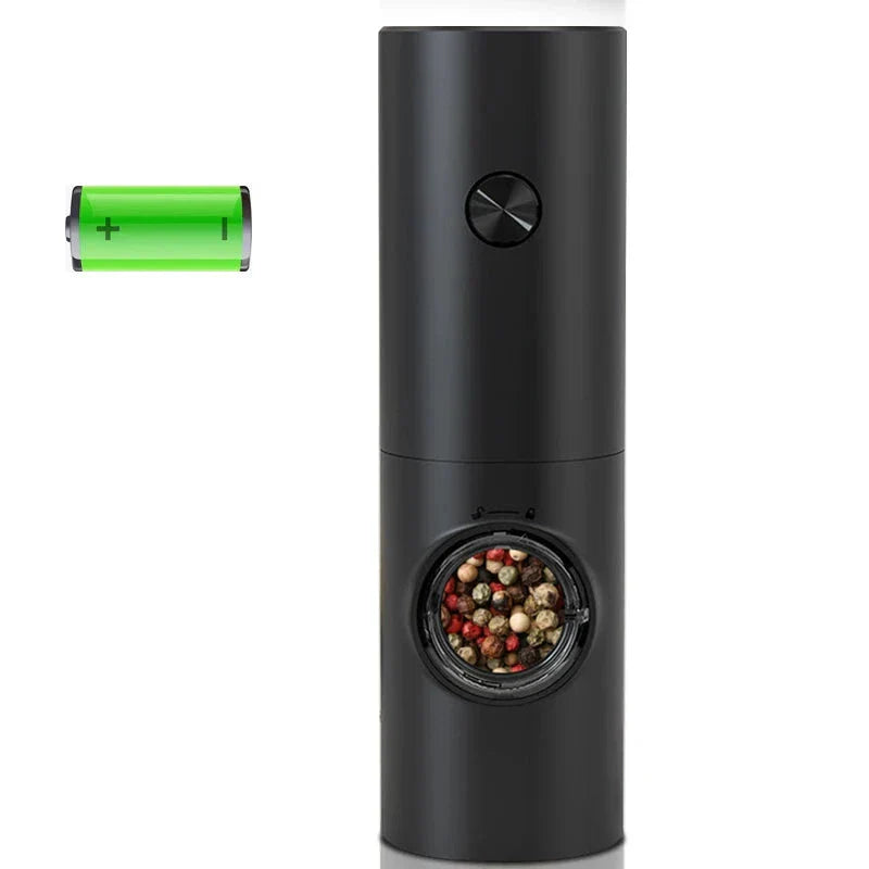 "Elektrische peper- en zoutmolen met LED, zwart, compact ontwerp, eenvoudig te bedienen in donkere keukensituaties."