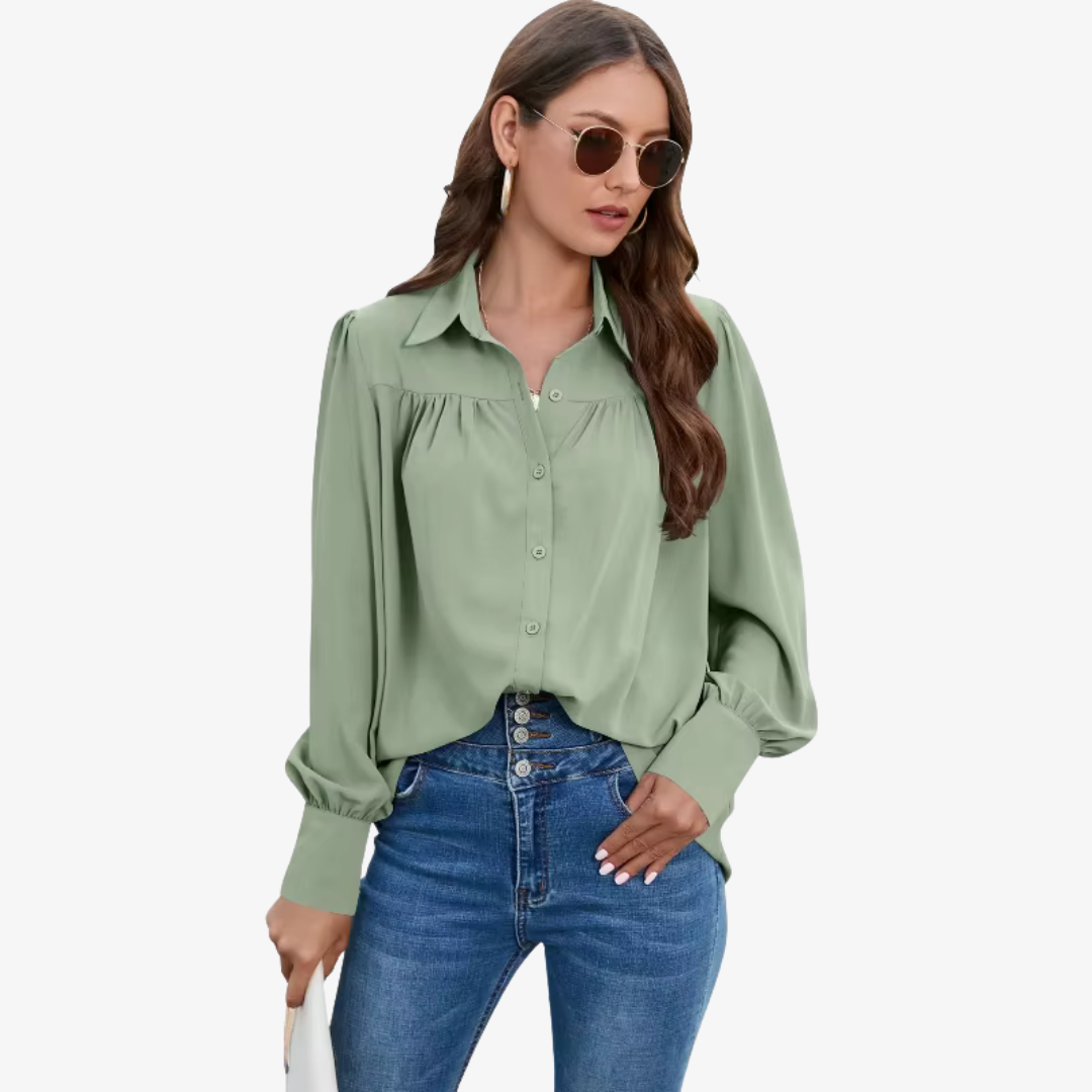 "Elin chiffon blouse met luchtige lantern-mouwen en knoopsluiting, ideale stijlvolle damesmode in diverse kleuren."