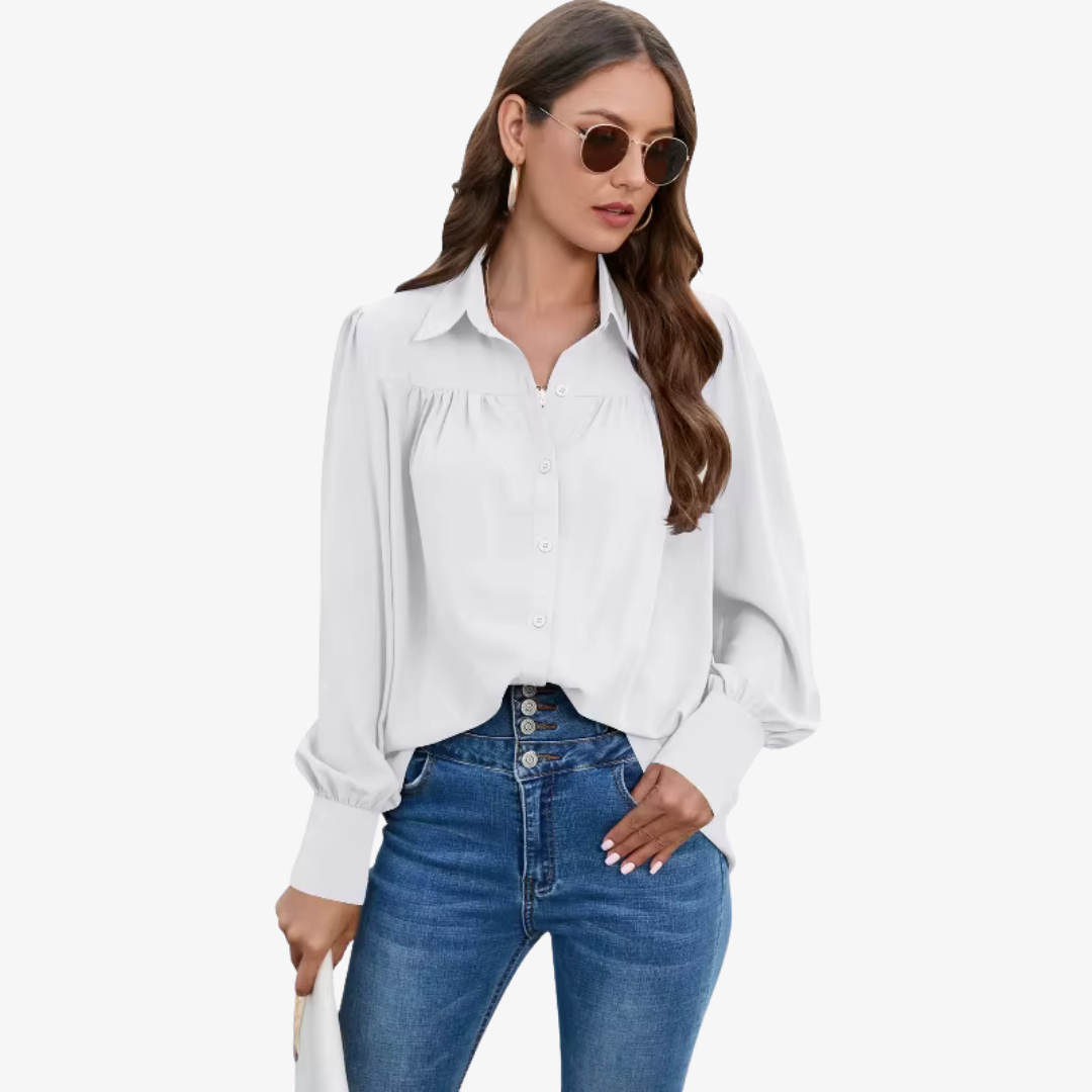 "Elin chiffon blouse met luchtige lantern-mouwen en knoopsluiting, ideale stijlvolle damesmode in diverse kleuren."