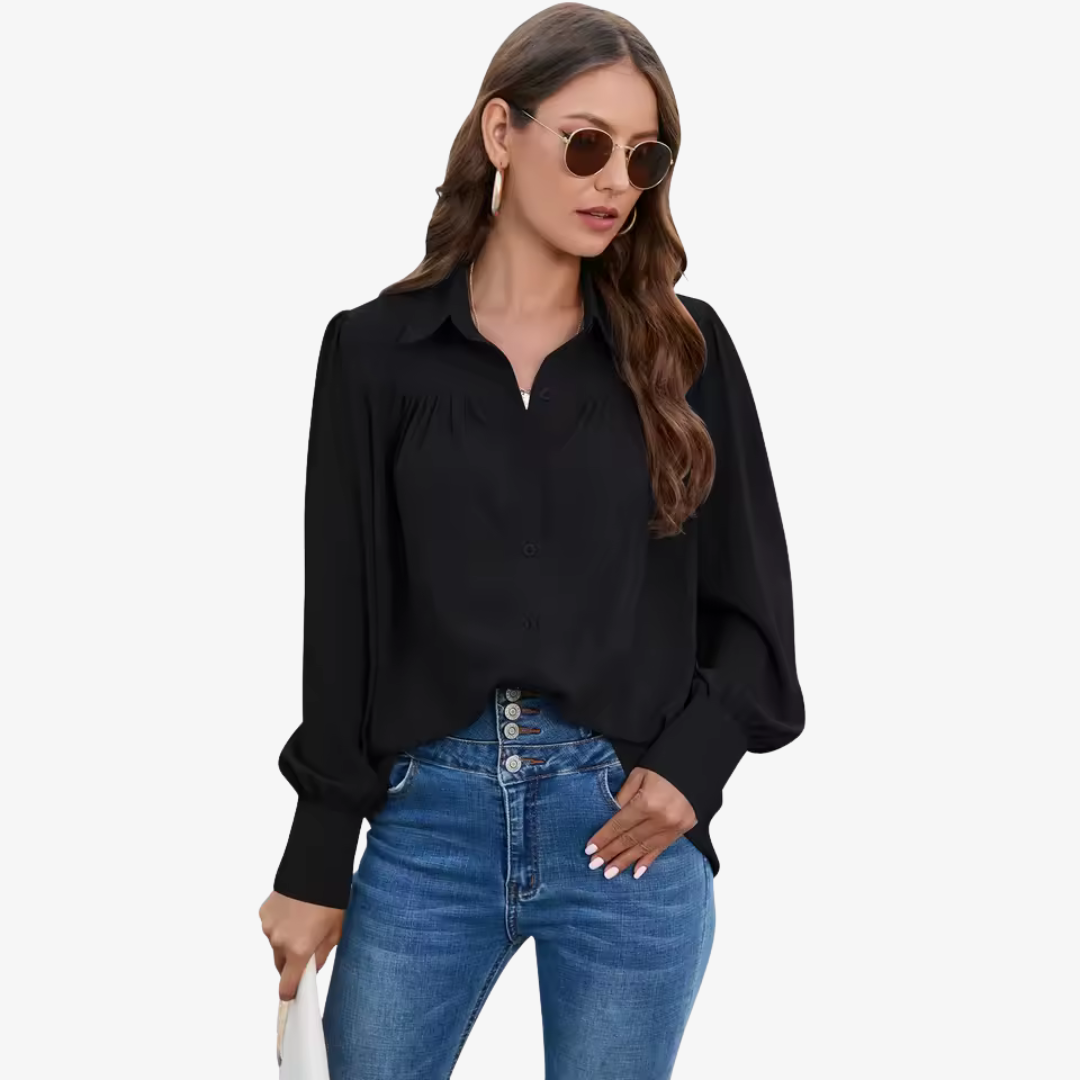 "Elin chiffon blouse met luchtige lantern-mouwen en knoopsluiting, ideale stijlvolle damesmode in diverse kleuren."